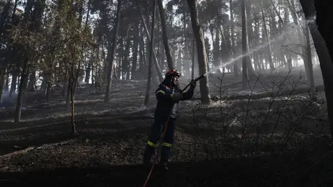 A firefighter in a smoky forest near Liti in Greece