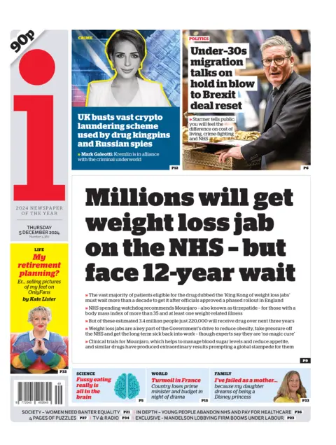 The i front page headline: "Millions will get weight loss jab on the NHS – but face 12-year wait"