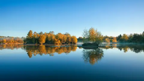 Getty Images Woorgreens Lake Nature Reserve in the Forest of Dean on an autumn day, with mist lingering around islands full of trees in the middle of the water