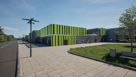 Apatura An artist's impression of the proposed new green AI energy centre in Ravenscraig. It is a large building with a grey roof and green design on the walls.