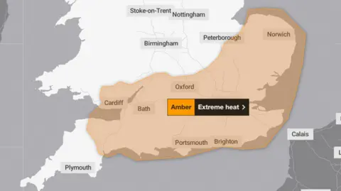 Met Office A map showing an amber warning covering most of the UK and parts of south Wales. 