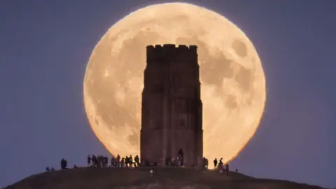 Somerset Live Visitors surrounding Glastonbury Tor at night with the huge Hunter's Moon visible behind with a golden glow