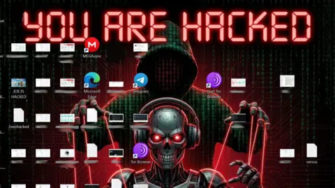 BBC BBC reporter's laptop wallpaper reads "you are hacked" with an image of a robot skull