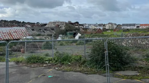 The Leale's Yard site behind grey wire fences. It's a collection of derelict buildings and grassy scrubland. 