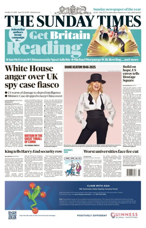 The headline on the front page of the Sunday Times reads: "White House anger over UK spy case fiasco."