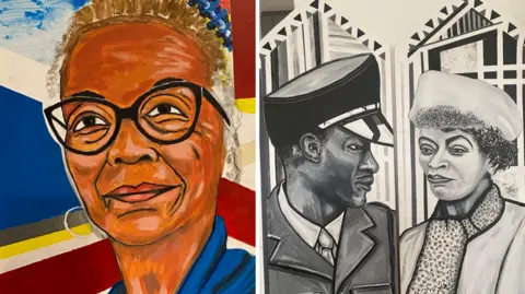 Alan Howard Two paintings are side by side. The one on the left is of a woman who is wearing black glasses and a blue top. On the right is of a man and a woman who are looking at each other. 