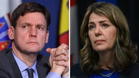 A composite image of David Eby of British Columbia and Danielle Smith of Alberta. Both are photographed at news conferences, looking left of the camera with a serious expression. 