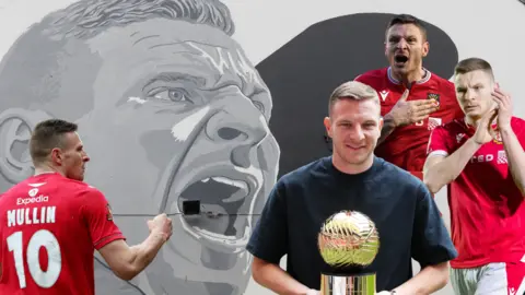 Composite image of four Paul Mullin images over a background of a Paul Mullin wall mural