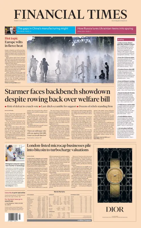 "Starmer faces backbench showdown despite rowing back over welfare bill" reads the headline on the front page of the Financial Times.