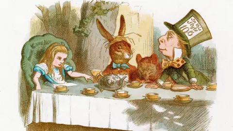 Getty Images An illustration of the Mad Hatter's tea party showing the Mad Hatter, the March Hare, the dormouse and Alice in Wonderland. 