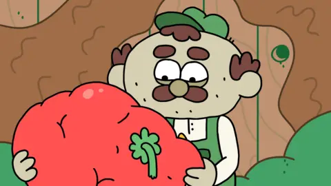 Coal Supper A cartoon image of a man with a moustache wearing green dungarees and matching baseball cap cradling a giant tomato. His expression looks a bit sad as he gazes at the mis-shapen but impressively large produce.