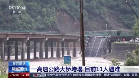 view of the collapsed bridge aired on Chinese TV