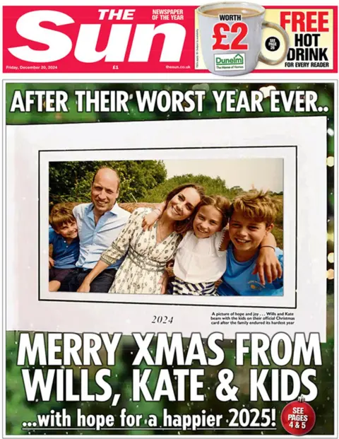 The main headline on the front page of the Sun reads: "After their worst year ever...Merry Xmas from Wills, Kate & Kids"