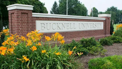 A sign, in brick and stone near a flowerbed, reads 'Bucknell University'