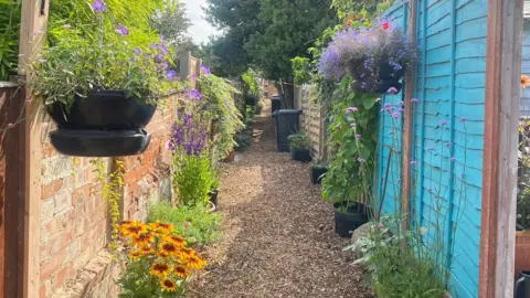 Stuart Gent An alleyway with coloured fences, flower pots and hanging baskets. The flowers are colourful and in full bloom. 