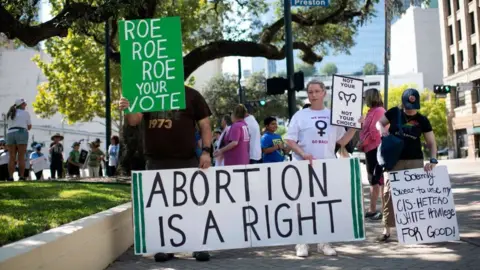 Getty Images Abortion rights demonstrators march outside of the Harris County Courthouse during the Women's Wave march in Houston, Texas