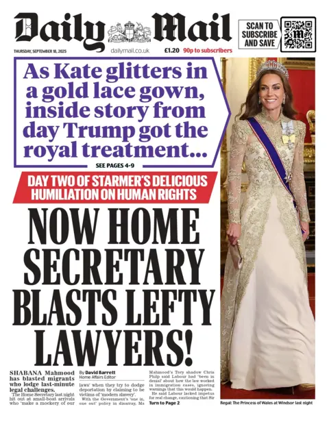 "Now Home Secretary blasts lefty lawyers!" reads the headline on the front page of the Daily Mail.