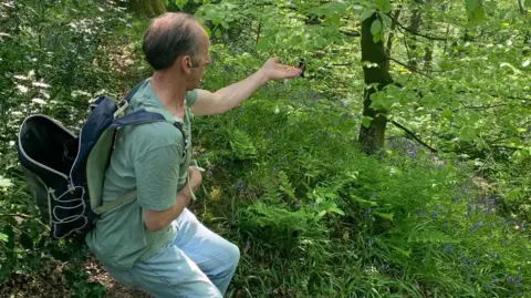 Pete is picture crouching down in a woodland with his arm stretched out. The palm of his hand is facing up and a bird is perched on his fingers.