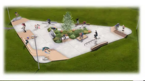 Sprowston Town Council/Betong Park A computer-generated image of a skatepark in a triangular shape with obstacles all around and a grassy area with seating in the centre