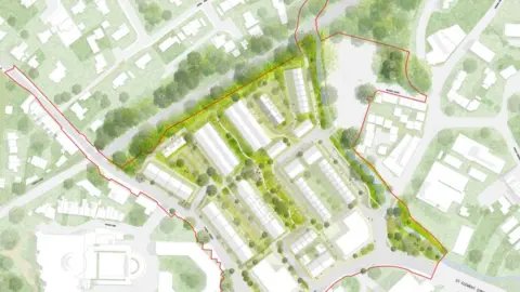 Treveth This image shows a proposed masterplan for the Pydar site, with buildings laid out around a central green space and surrounded by tree-lined paths. The design highlights new streets, open areas and routes linking the development to nearby roads, homes and the river corridor.