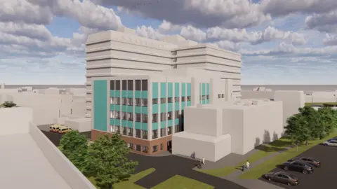 Architectural visualisation of a hospital development showing a new multi-storey building with teal-coloured panels and large windows beside a taller eisting tower block.