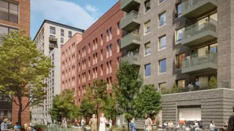 West Midlands Combined Authority A CGI photo of buildings which are different colours. One of light pink, one is reda and one is grey. There are trees and CGI people too. 