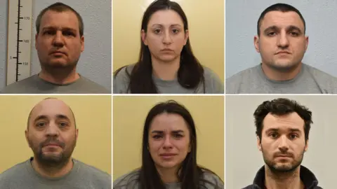 Six Bulgarian nationals convicted of spying for Russia appear in a grid of six photos. 