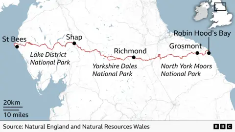 A map of the Coast to Coast route as it travers England from St Bees to Robin Hood's Bay.