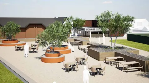 BHB Architects An artists impression of a paved area with some chairs, tables and trees, with a one storey building in the background