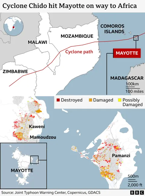 A visualization showing the path of Cyclone Chido through Mayotte, Mozambique, Malawi and Zimbabwe, with dots showing locations of destruction and damage on two islands in the Mayotte archipelago 