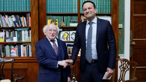 An Taoiseach, Leo Varadkar meeting President of Ireland Michael D Higgins to present his resignation at Aras an Uachtarain, Dublin. Issue date: Monday April 8, 2024