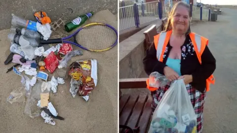 Sutton on Sea Beachcare Composite image of litter and Lianne Havell