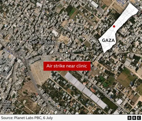 Satellite map showing Deir al-Balah in Gaza, with a label indicating the location of an Israeli strike near a clinic. An inset locator map of the Gaza region includes a red dot marking the area shown in the satellite image for reference. Source is Planet Labs PBC, 6 July.