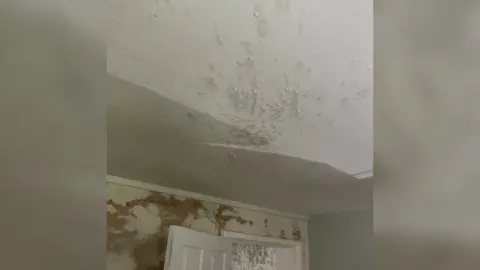 Water drips from the white ceiling of an apartment. The wall in the room has seen better days after the leak and looks half plastered. The inner door to the room is open.