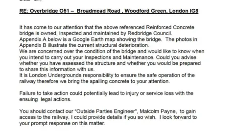 A letter from Transport for London to Redbridge Council in 2014, warning about the bridge