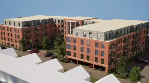 BBC Computer generated image of a U-shaped development with four floor of brown building with a grey upper floor. Cars are parked underneath