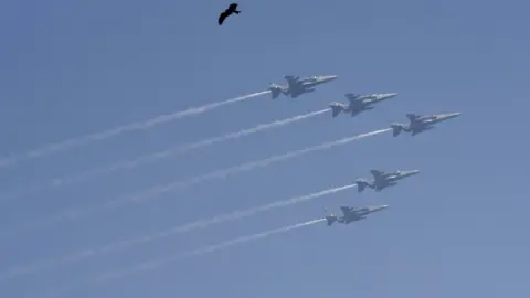 Getty Images Indian Air Force (IAF) aircrafts fly past over Rajpath during the Republic Day Parade, at Rajpath, on January 26, 2018 in New Delhi, India.