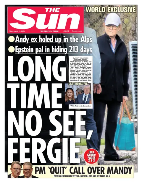 "Long time no see, Fergie," reads the headline on the front page of the Sun.