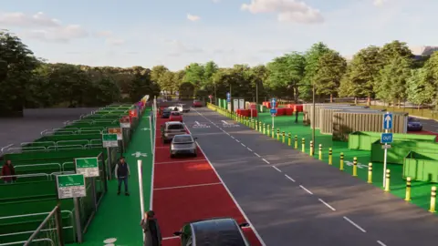 An artists impression of what a new waste tip in Milton Keynes might look like. You can see a load of green skips with a road through the middle, walkways and spaces for cars and the area is surrounded by trees.