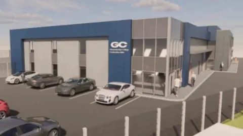 Gloucestershire college A computer generated picture showing a construction centre with a GC Gloucestershire College logo on the front. It also shows a number of car spaces with vehicles parked in them