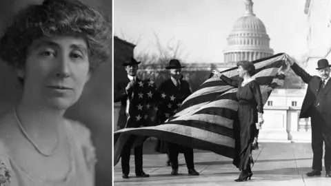 Bettman via Getty Images Side-by-side collage showing Congresswoman Jeannette Rankin