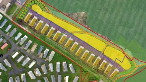 Haven Leisure A colour‑coded site plan over an aerial photo showing 16 rectangular plots arranged in a row, highlighted in yellow with access roads, paths and landscaped areas.