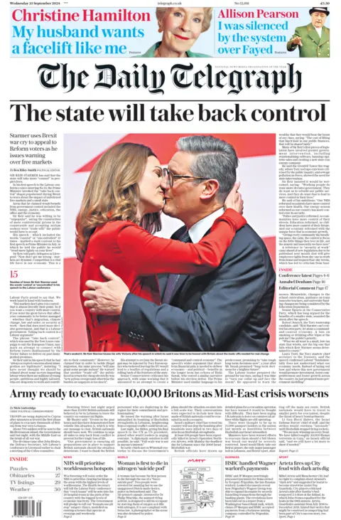 The front page of the Daily Telegraph. The headline reads: 'The state will take back control'.