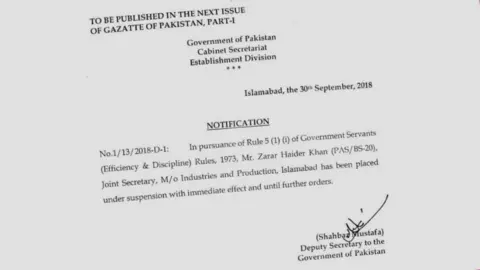 Pakistan Government The official memorandum which put Mr Zarar Haider Khan under investigation