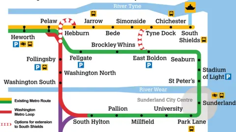 NECA A route map showing the Tyne and Wear Metro network if it was to be expanded to Washington. There are several stations marked along yellow, purple, green and red coloured routes. 