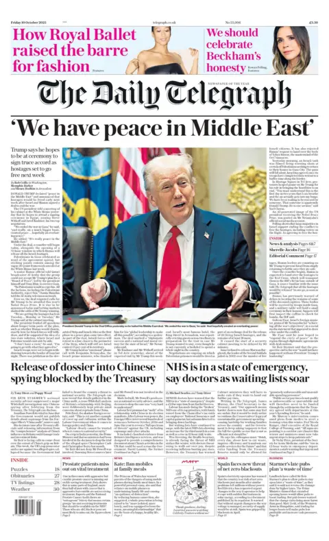"'We have peace in Middle East'," reads the headline on the front page of The Daily Telegraph.