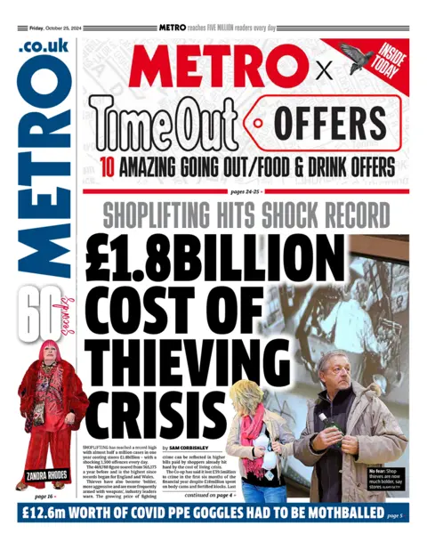 The headline in the Metro reads: "£1.8bn cost of thieving crisis". 