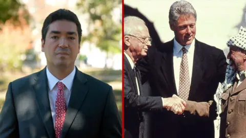 S plit screen of a man in a suit and President Clinton between two men shaking hands