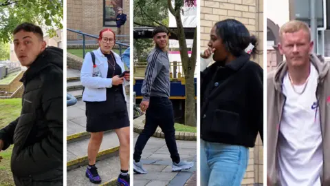 Zayne Farrugia, Michaela Gonzales, Kyle Telemaque, Jumana Fouad and Luke Williams outside Cardiff Magistrates' Court