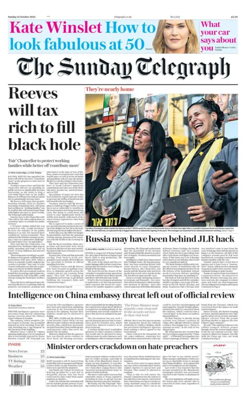 The headline on the front page of the Daily Telegraph reads: "Reeves will tax rich to fill black hole."